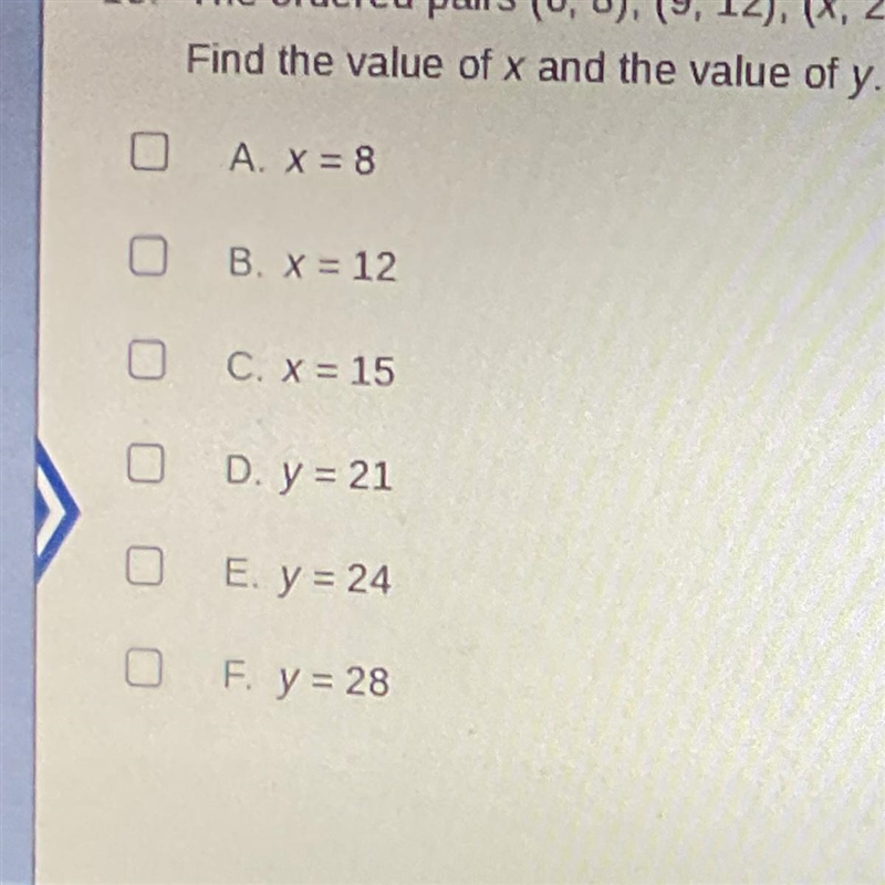 The ordered pairs (6,8), (9, 12), (x, 20), (18, y) represent a proportional relationship-example-1