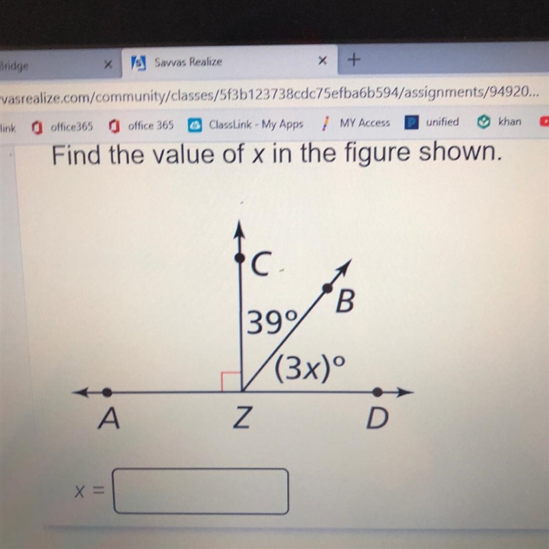 Find the value of x in the figure shown. C 390AM 399 (3x)° A N D-example-1