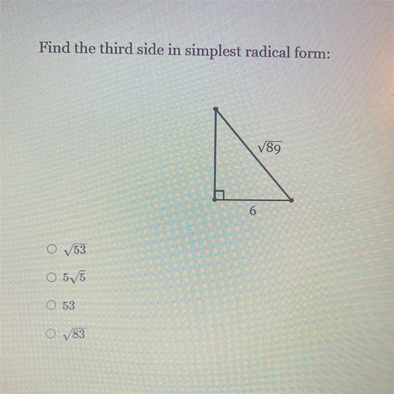 Find the third side in simplest radical form-example-1