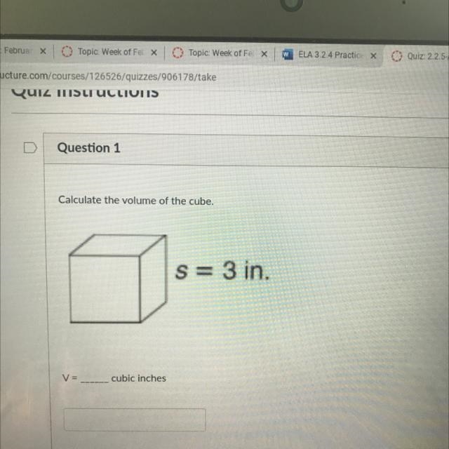 Calculate the volume of the cube. S = 3 in. V= cubic inches Plz help-example-1