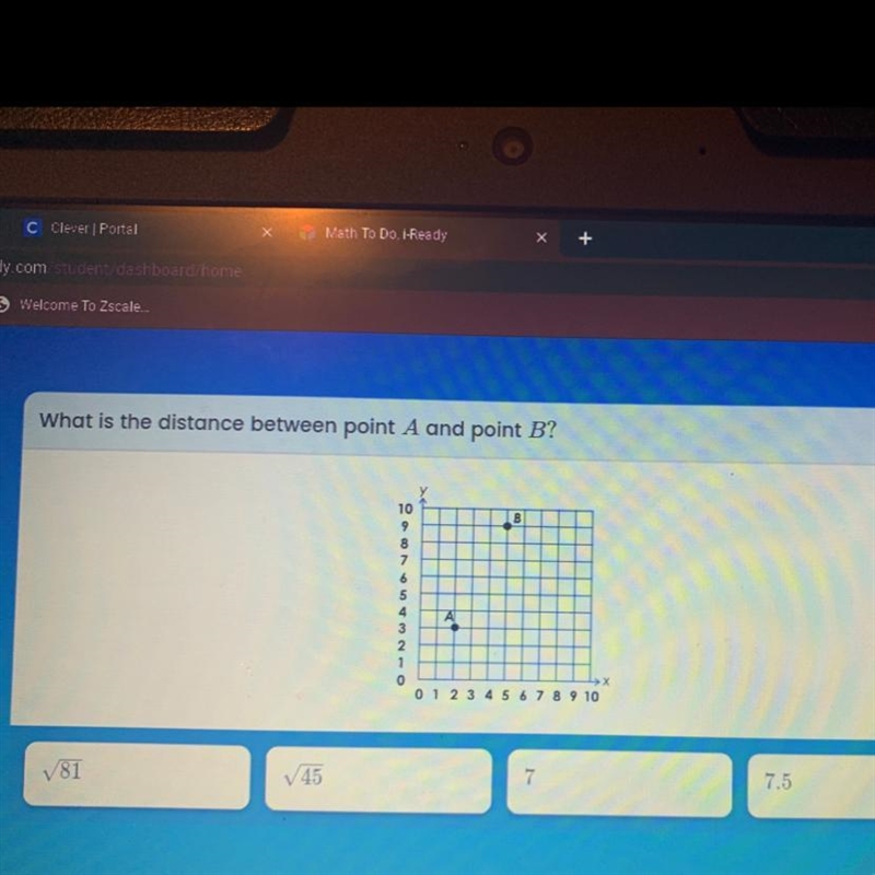 What is the distance between point A and point B? 10 B 9 8 7 6 5 4 3 2 1 A х 0 1 2 3 4 5 6 7 8 9 10 V-example-1