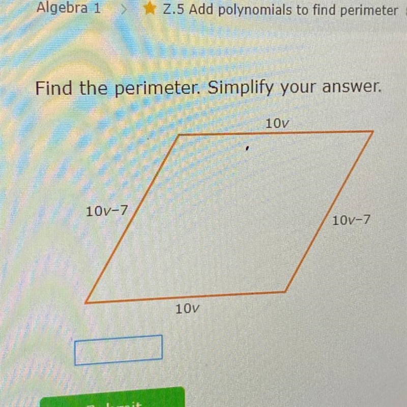 Find the perimeter. Simplify your answer. 10v 10v-7 101-7 10v-example-1