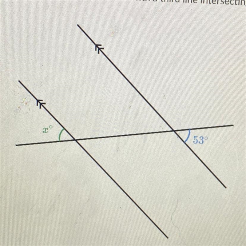 Below are two parallel lines with a third line intersecting them. x= ??°-example-1