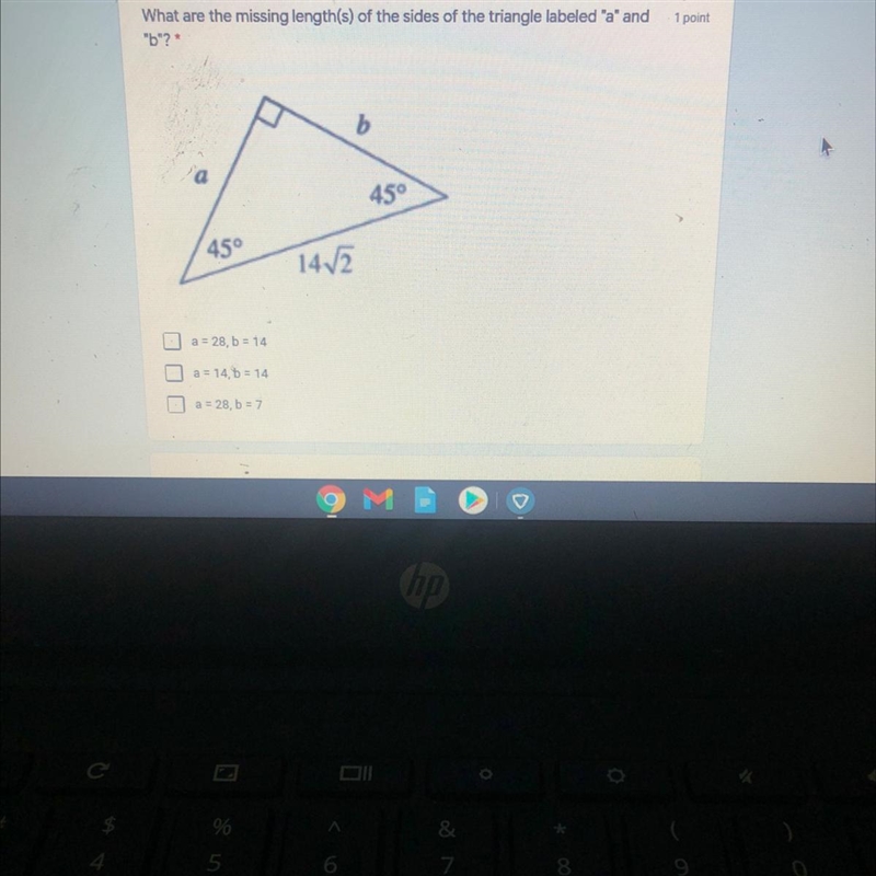 Withat are the missing length(s) of the sides of the triangle labeled 'a' and ‘b’.-example-1