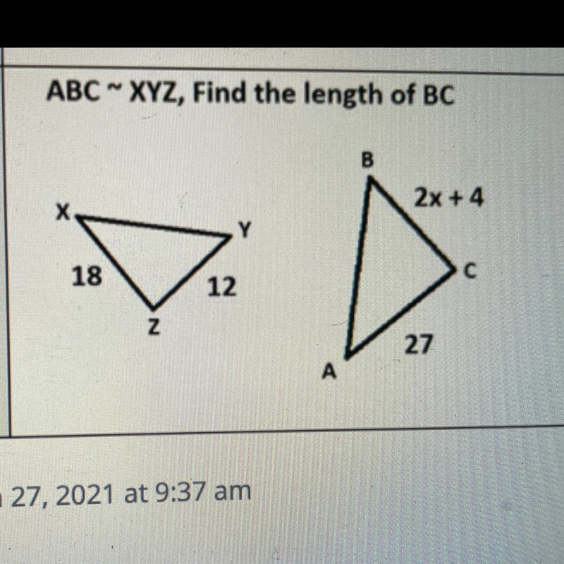 ABC ~ XYZ Find the length of BC (need an answer as soon as possible, with showing-example-1