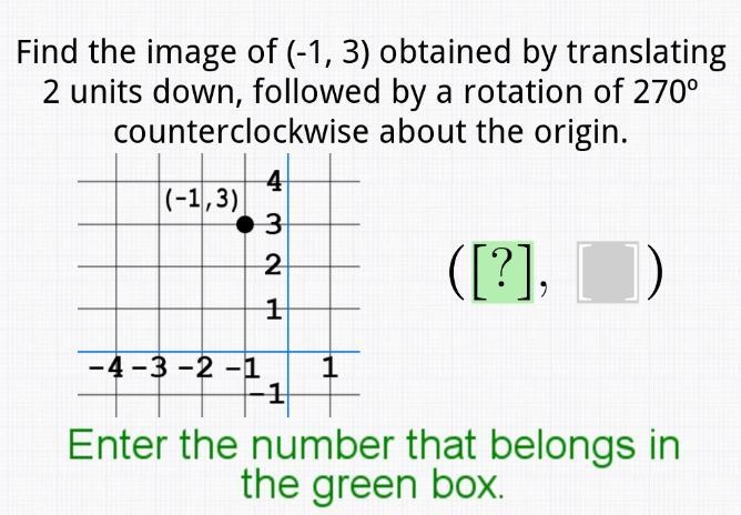 Find the Image of (-1,3) obtained by translating 2 units down, and a 270 rotation-example-1