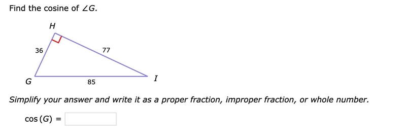 Find the cosine of ∠G (Must give explanation) also why does my calculator say its-example-1