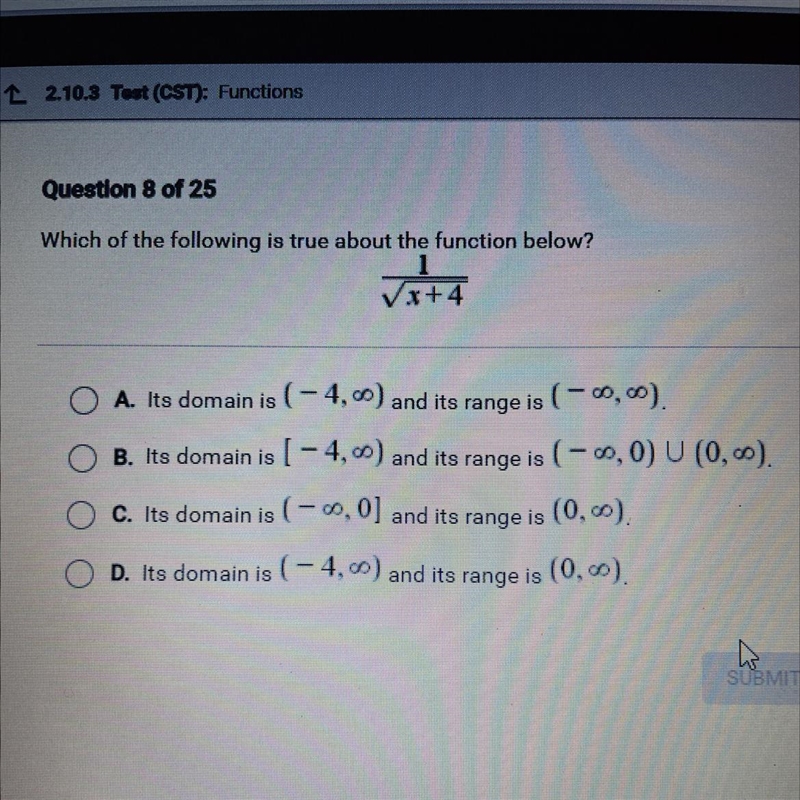 Which of the following is true about the function below? Vx+4 x+4 A. Its domain is-example-1