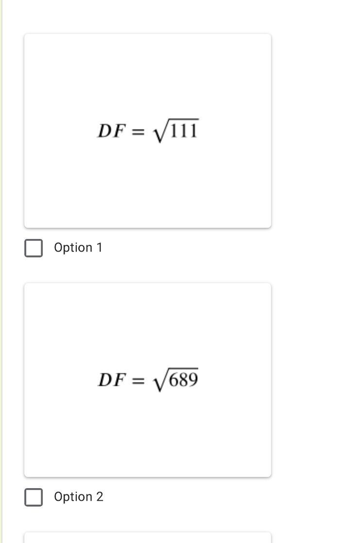 In right ΔDEF, DF = 20, m∠ F = 90˚, EF = 17. Which of the following is true? Select-example-1