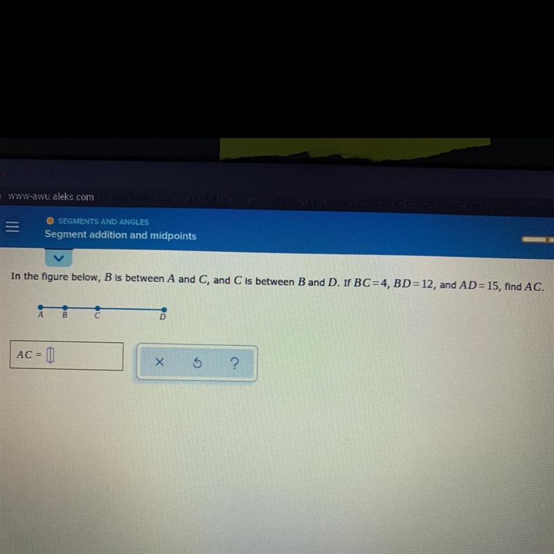 In the figure below, B is between A and C and C is between B and D. if BC=4, BD=12, and-example-1