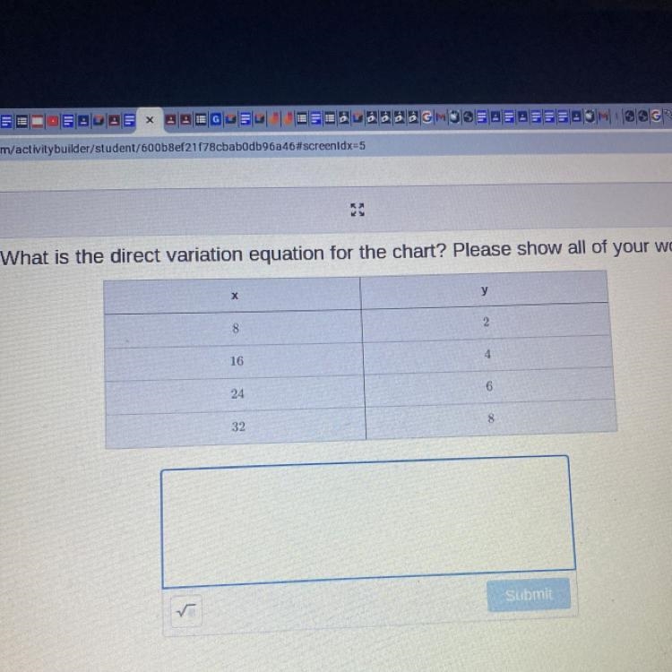 What is the direct variation equation for the chart? Please show all of your work-example-1