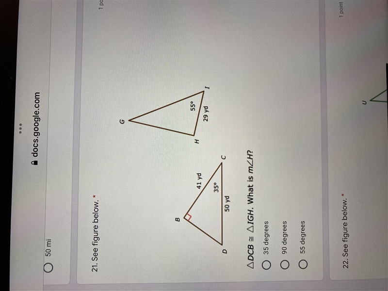 Triangle DCB is congruent to triangle IGH what is an less than H-example-1