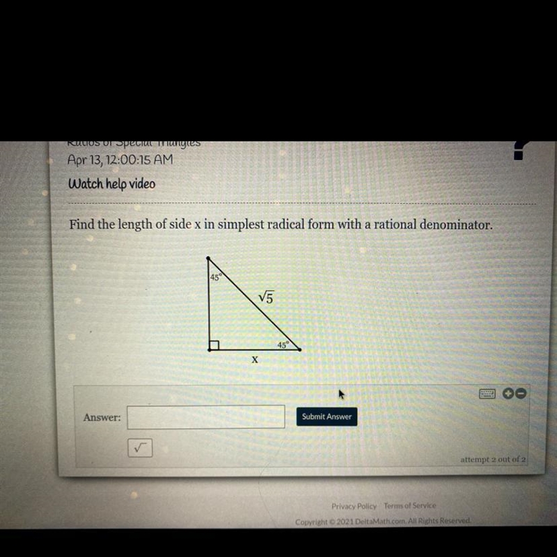 Find the length of side x in simplest radical form with a rational denominator-example-1