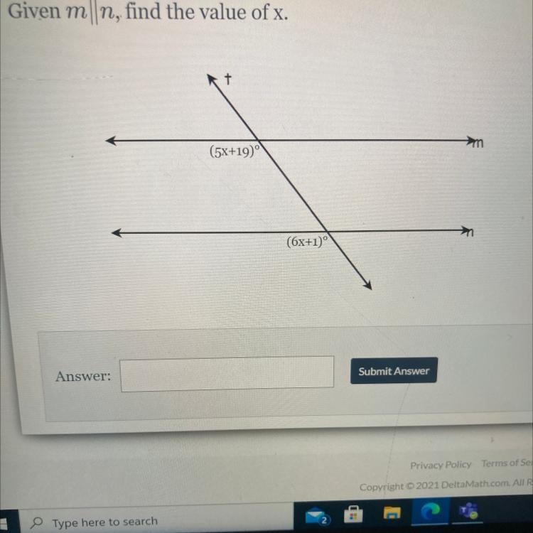 Given m||n, find the value of x. + >m (5x+19) (6x+1)°-example-1