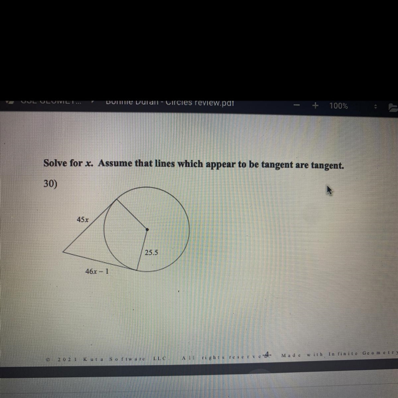 Solve for x. Assume that lines which appear to be tangent are tangent. 30) 16 - 45.4 TT-example-1