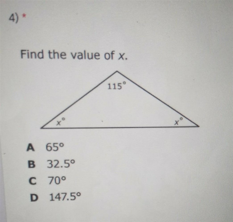 Find the value of x. A 65° B 32.5° C 70° D 147.5°​-example-1