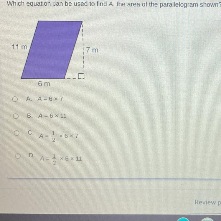 Which equation can be used to find A, the area of the parallelogram shown?-example-1