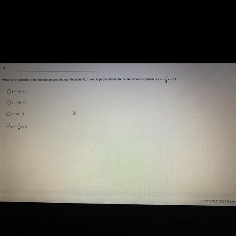 Which equation of the line passes through the point (0,4) and is perpendicular to-example-1