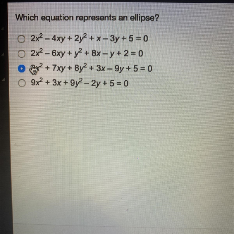 Which equation represents an ellipse? Help please!-example-1