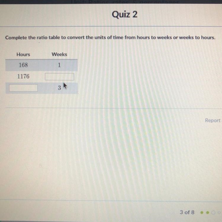 Complete the ratio table to convert the units of time from hours to weeks or weeks-example-1