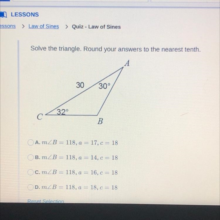 Solve the triangle. Round your answers to the nearest tenth.-example-1