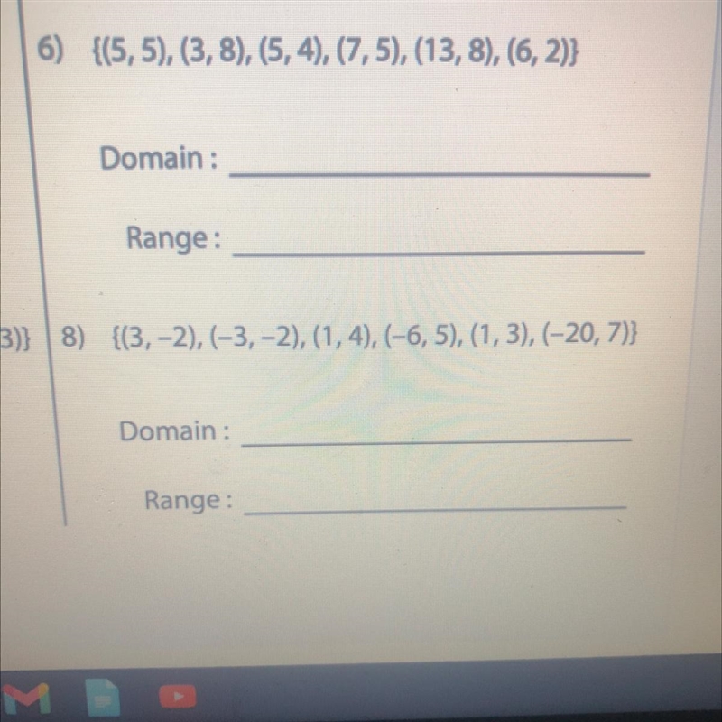 (3,-2), (-3,-2), (1,4), (-6,5), (1,3), (-20, 7)} Domain : Range:-example-1