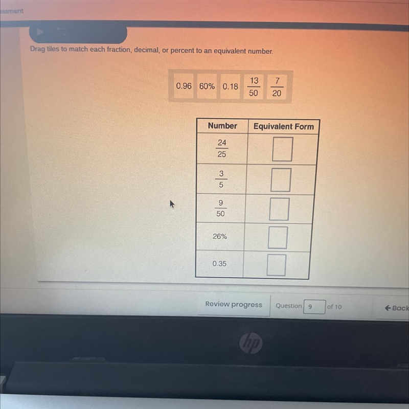 Drag tiles to match each fraction, decimal, or percent to an equivalent number-example-1