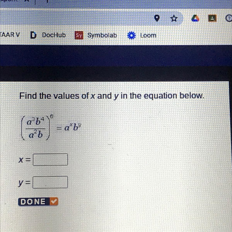 Find the values of x and y in the equation below. aby 08 y = DONEM-example-1