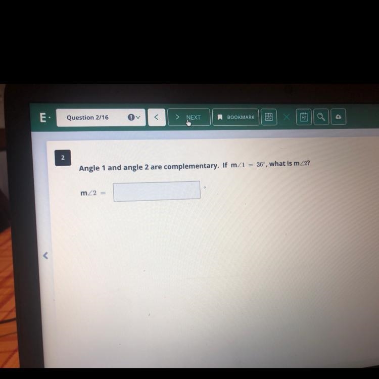 2 Angle 1 and angle 2 are complementary. If m21 36°, what is m_2? m2 =-example-1