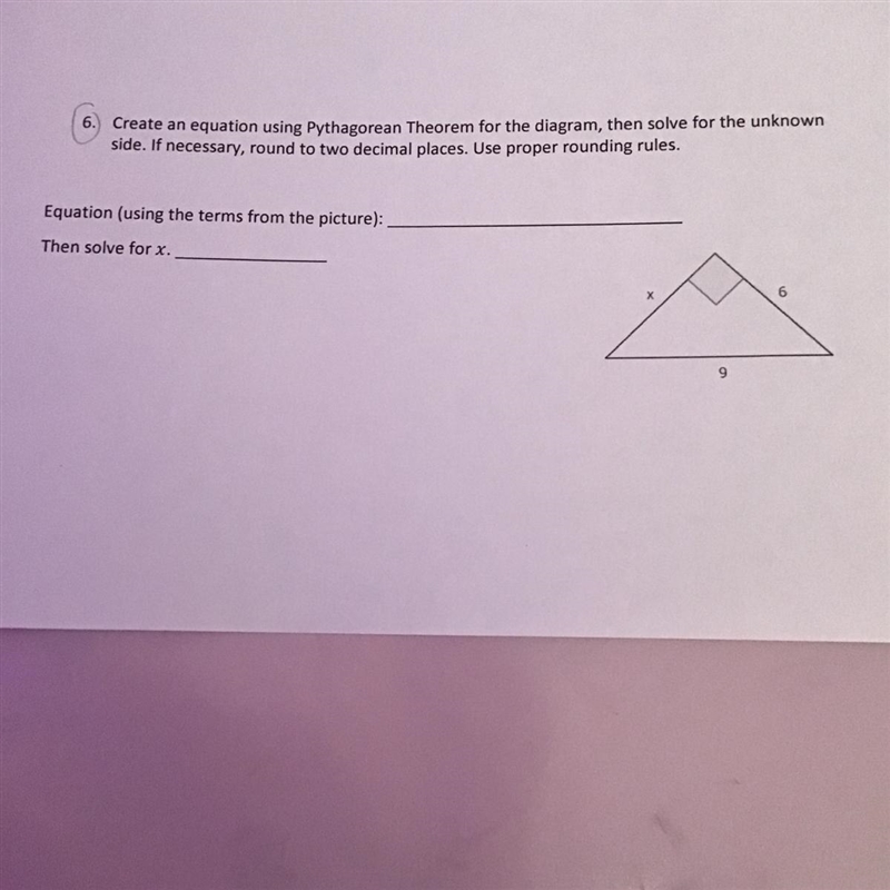 I NEED HELP ASAPPPP 6. Create an equation using Pythagorean Theorem for the diagram-example-1