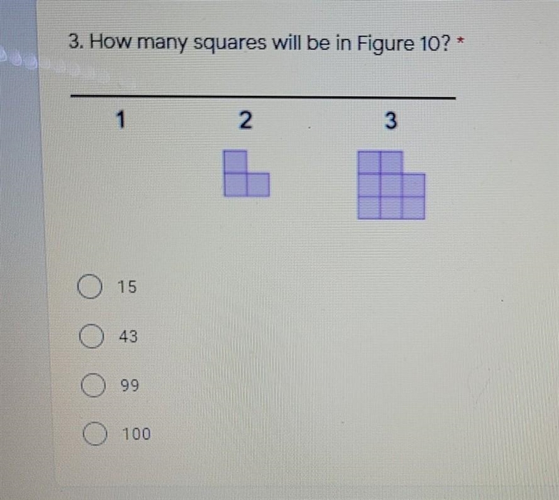 How many squares will be in Figure 10? A. 15 B. 43 C. 99 D. 100​-example-1