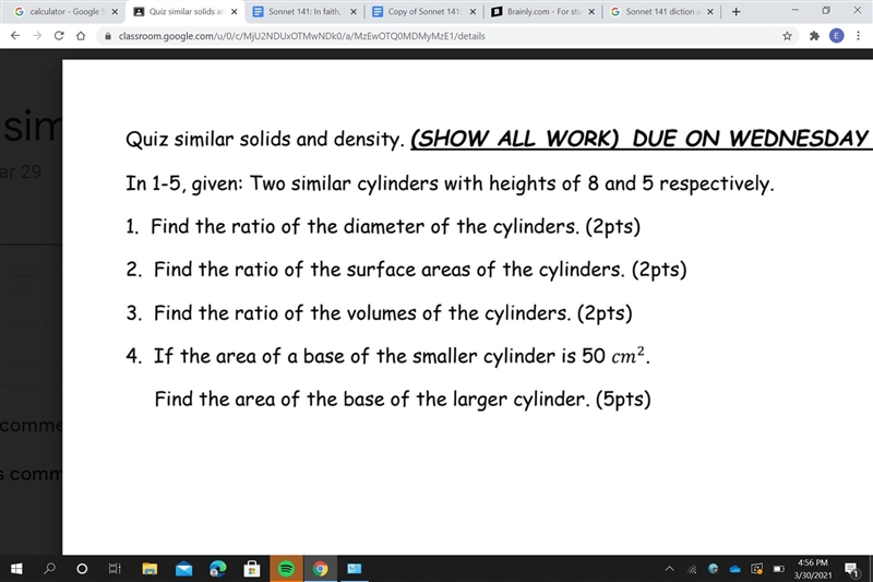 In 1-5, given: Two similar cylinders with heights of 8 and 5 respectively.-example-1