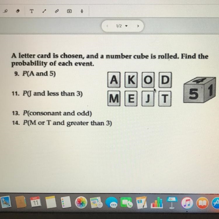 A letter card is chosen, and a number cube is rolled. Find the probability of each-example-1