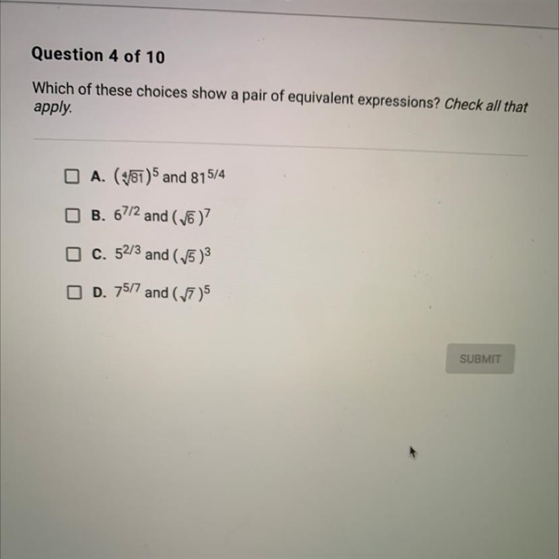 Which of these choices show a pair of equivalent expressions? Check all that apply-example-1