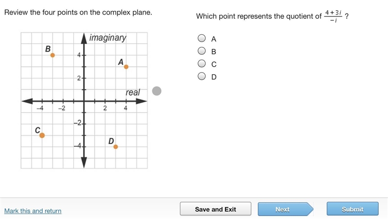 Which point represents the quotient of StartFraction 4 + 3 I Over negative I EndFraction-example-1