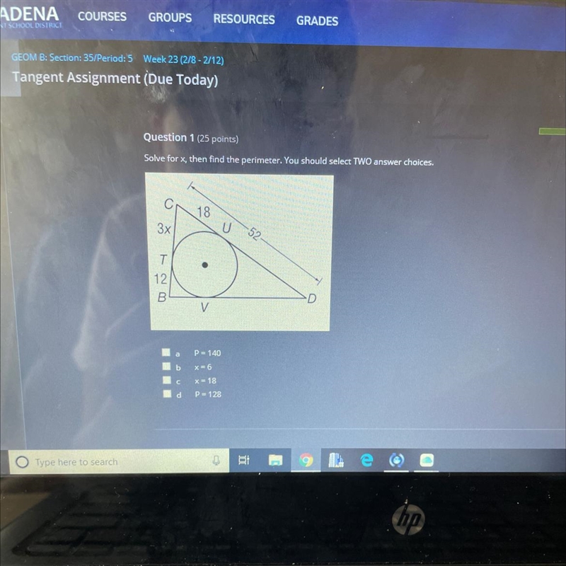 Solve for x, then find the perimeter. You should select TWO answer choices. 18 3x-example-1