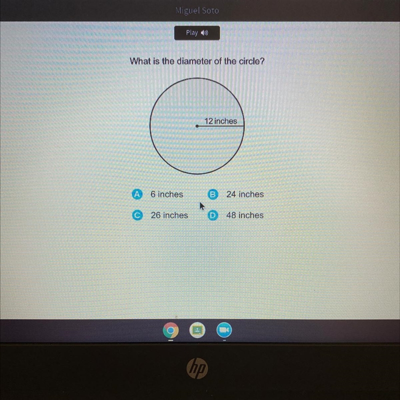 What is the diameter of the circle? A) 6 inches B) 24 inches C) 26 inches D) 48 inches-example-1