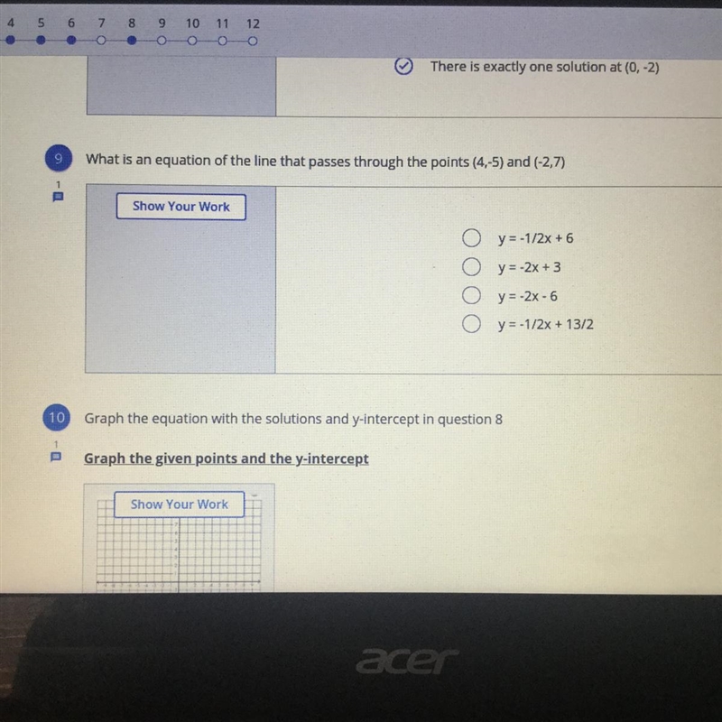 What is an equation of the line that passes through the points (4,-5) and (-2,7)-example-1