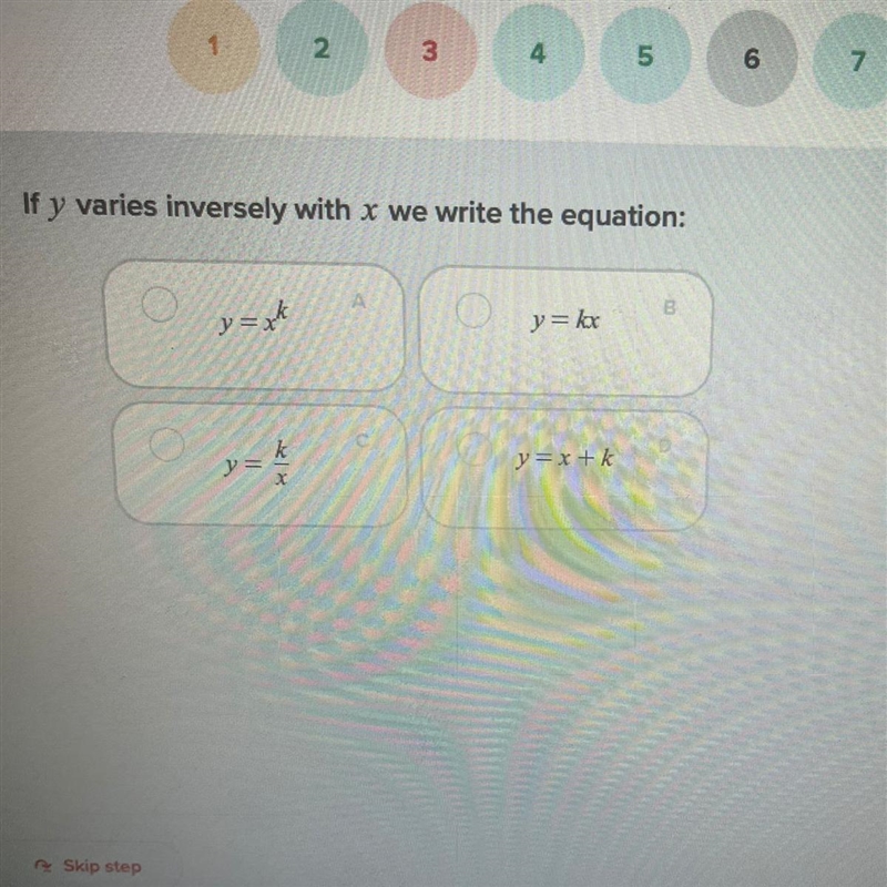 If y varies inversely with x we write the equation:-example-1