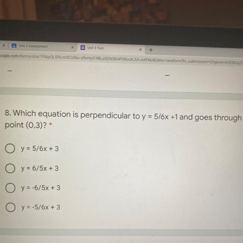 Which equation is perpendicular to y=5/6x +1-example-1