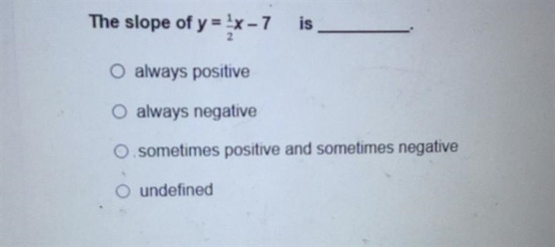 The slope of y= 1/2x-7 is___-example-1