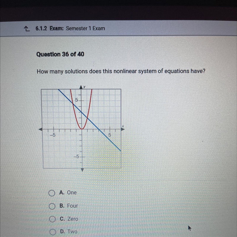 How many solutions does this nonlinear system of equations have? A. 1 B. 4 C. 0 D-example-1