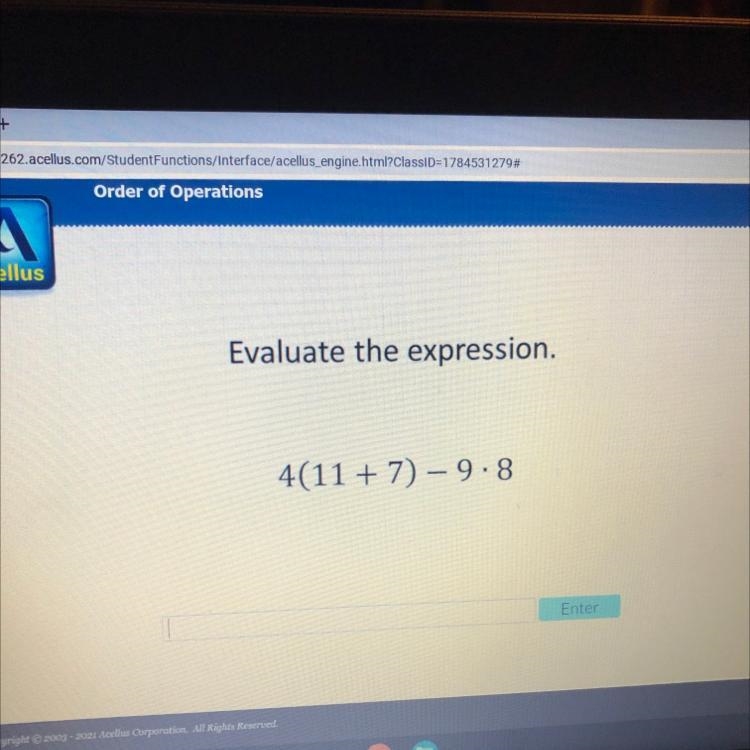 Evaluate the expression. 4(11 + 7) – 9.8-example-1