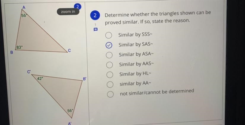 Determine whether the triangles shown can be proved similar. If so, state the reason-example-1