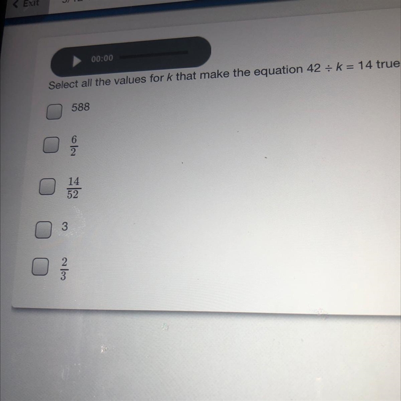 Select all the values for k that make the equation 42 = k = 14 true. 588 6 2 14 52 3-example-1