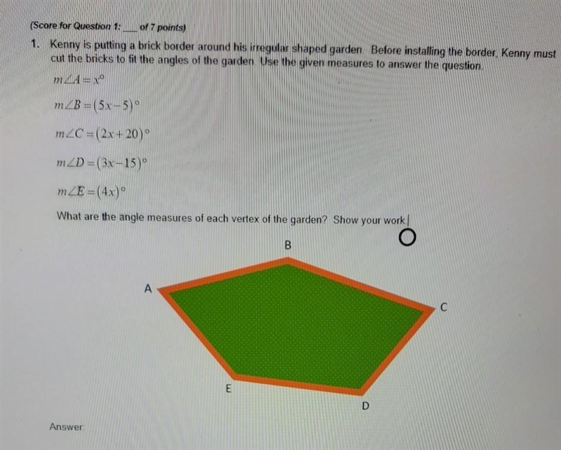 (Score for Question 1:__ of 7 points) 1. Kenny is putting a brick border around his-example-1