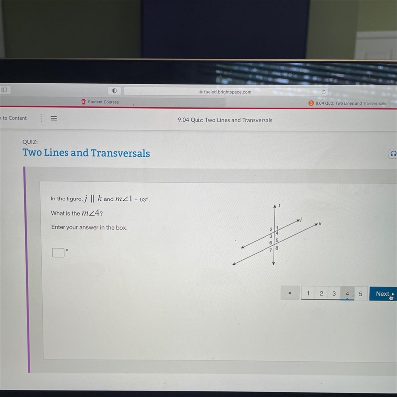 PLEASE HELP!!! ASAP In the figure, j | k and m<1 = 63º. What is the m<4? Enter-example-1