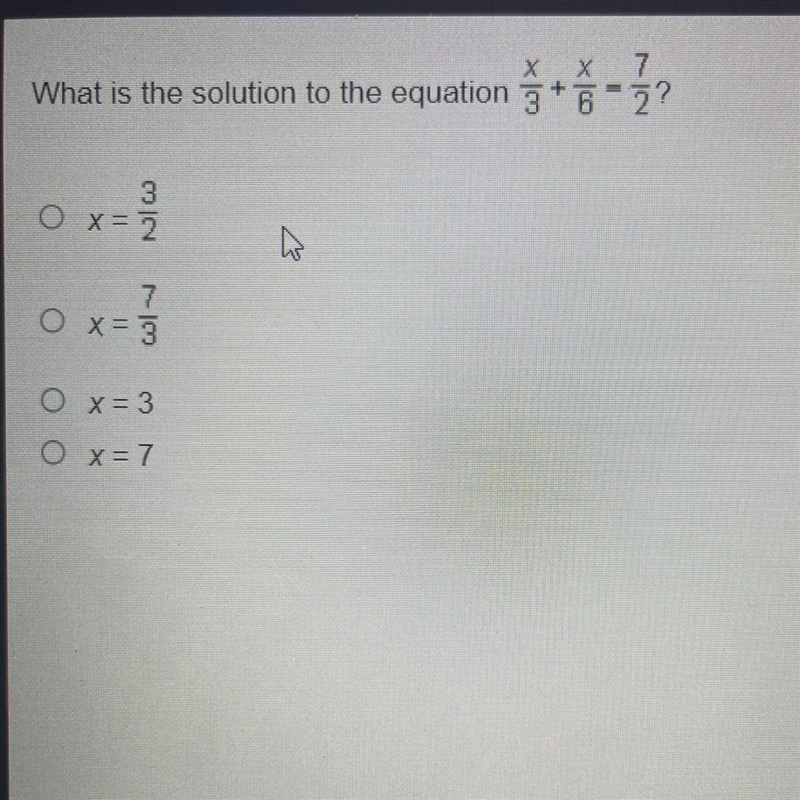 X X 7 What is the solution to the equation 3+ 6 = ? 3 OX= 2 7 OX=3 O x= 3 O x=7-example-1