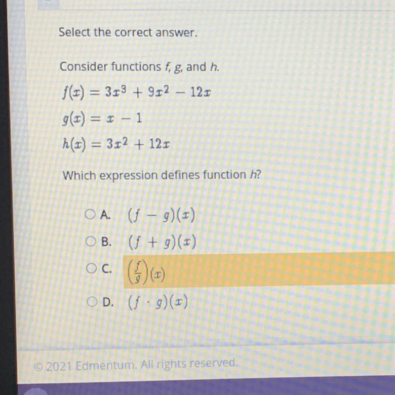 Which expression defines function h? Please Help-example-1