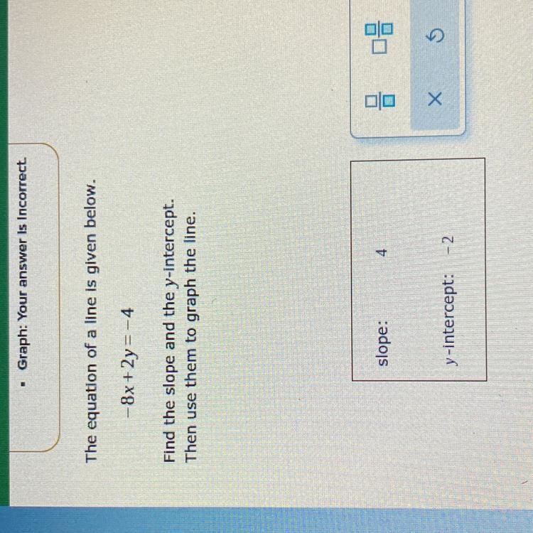 - 8x + 2y = -4 Find the slope and the v-intercept. Then use them to graph the line-example-1